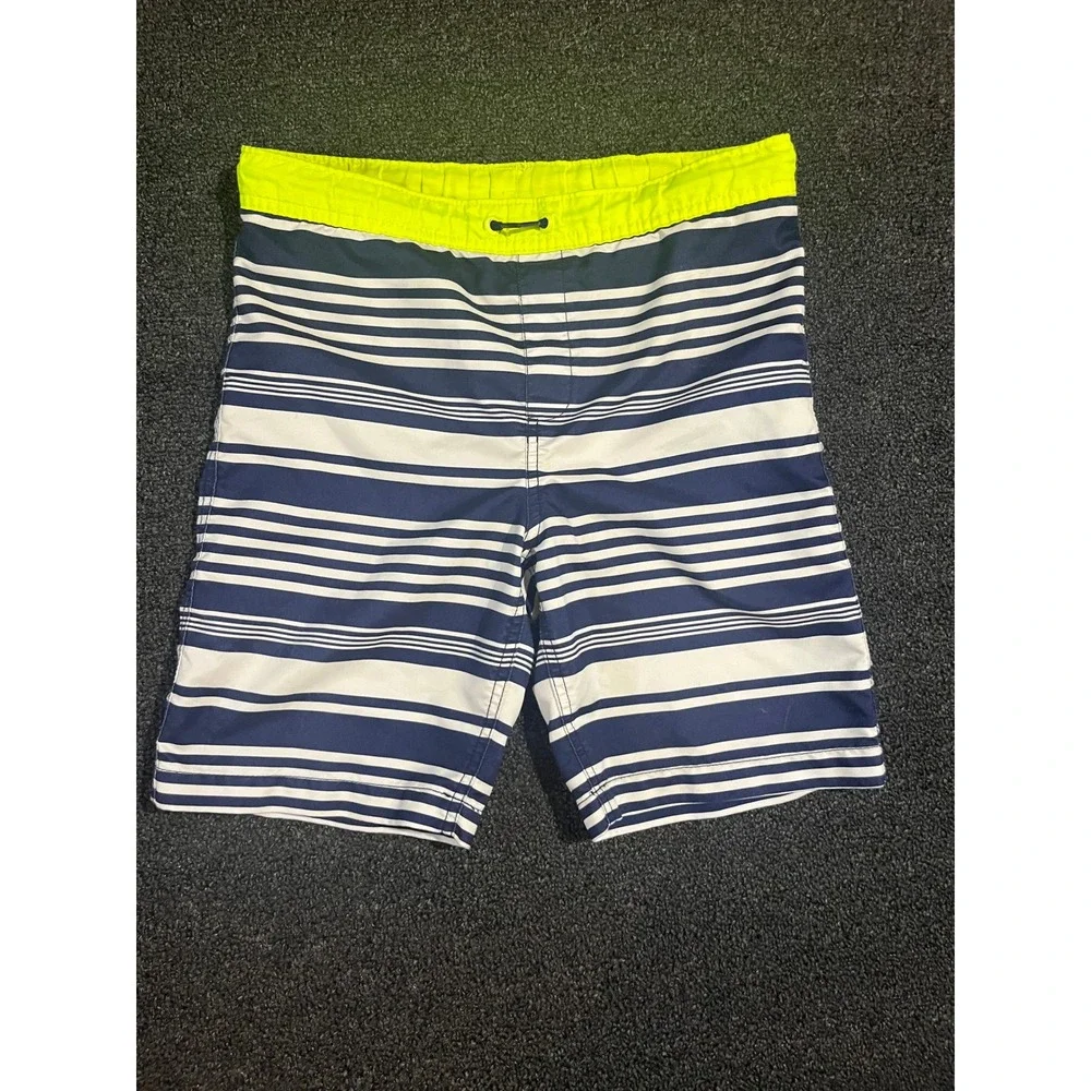 Lands End Boys Navy White Striped Swim‎ Trunks Neon Yellow Waist Size M 10-12